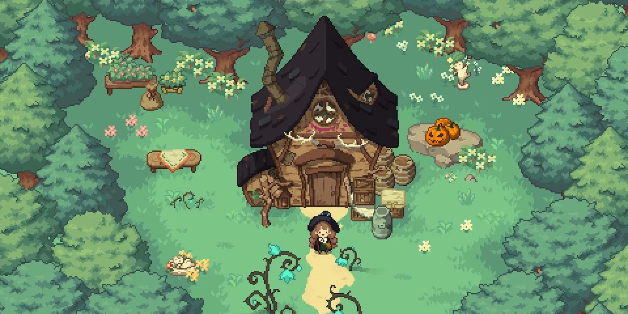 Nữ phù thủy nhỏ đứng trước căn nhà gỗ ấm cúng trong game Little Witch in the Woods