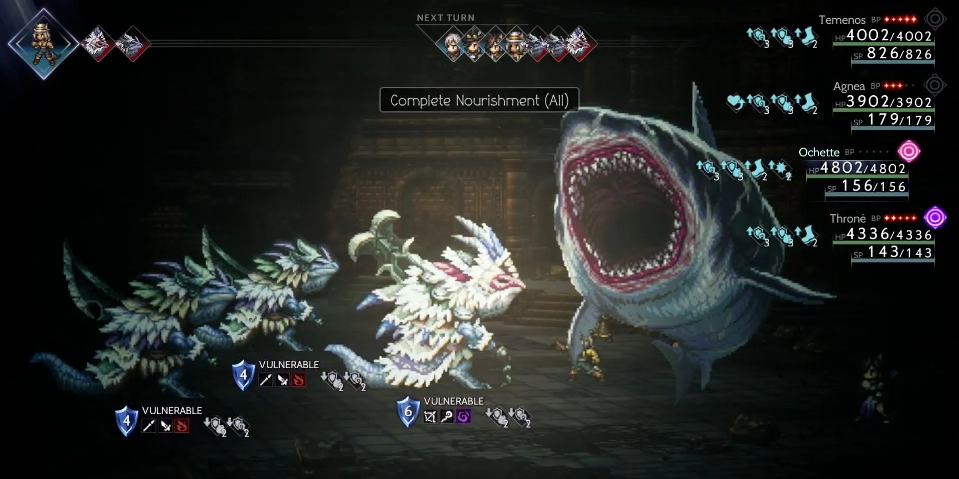 Nữ thợ săn Ochette triệu hồi một con cá mập khổng lồ tấn công kẻ thù trong Octopath Traveler 2