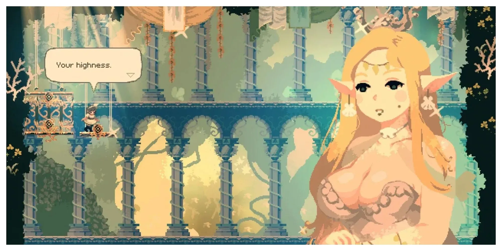 Nữ tu sĩ Momo chiến đấu với quái vật trong Momodora: Moonlit Farewell