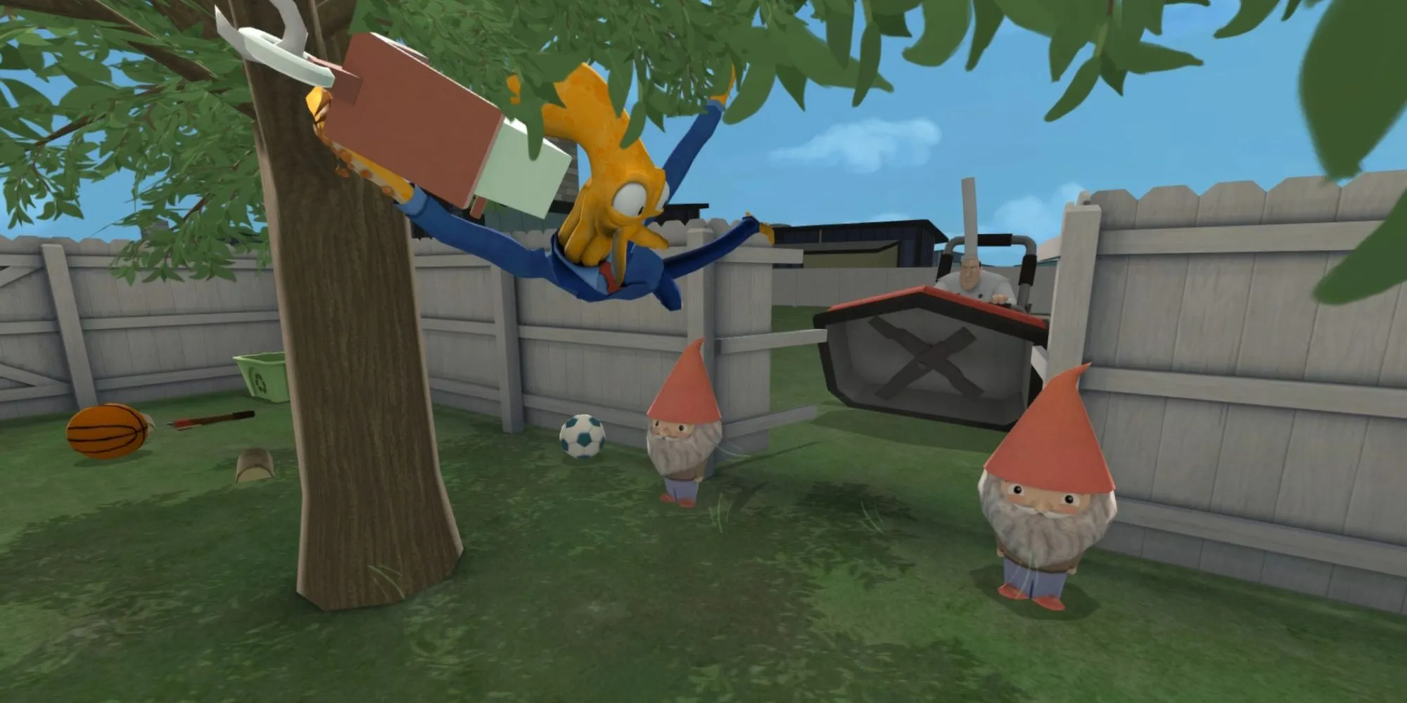 Octodad đang bị đầu bếp truy đuổi trong một cảnh game hài hước