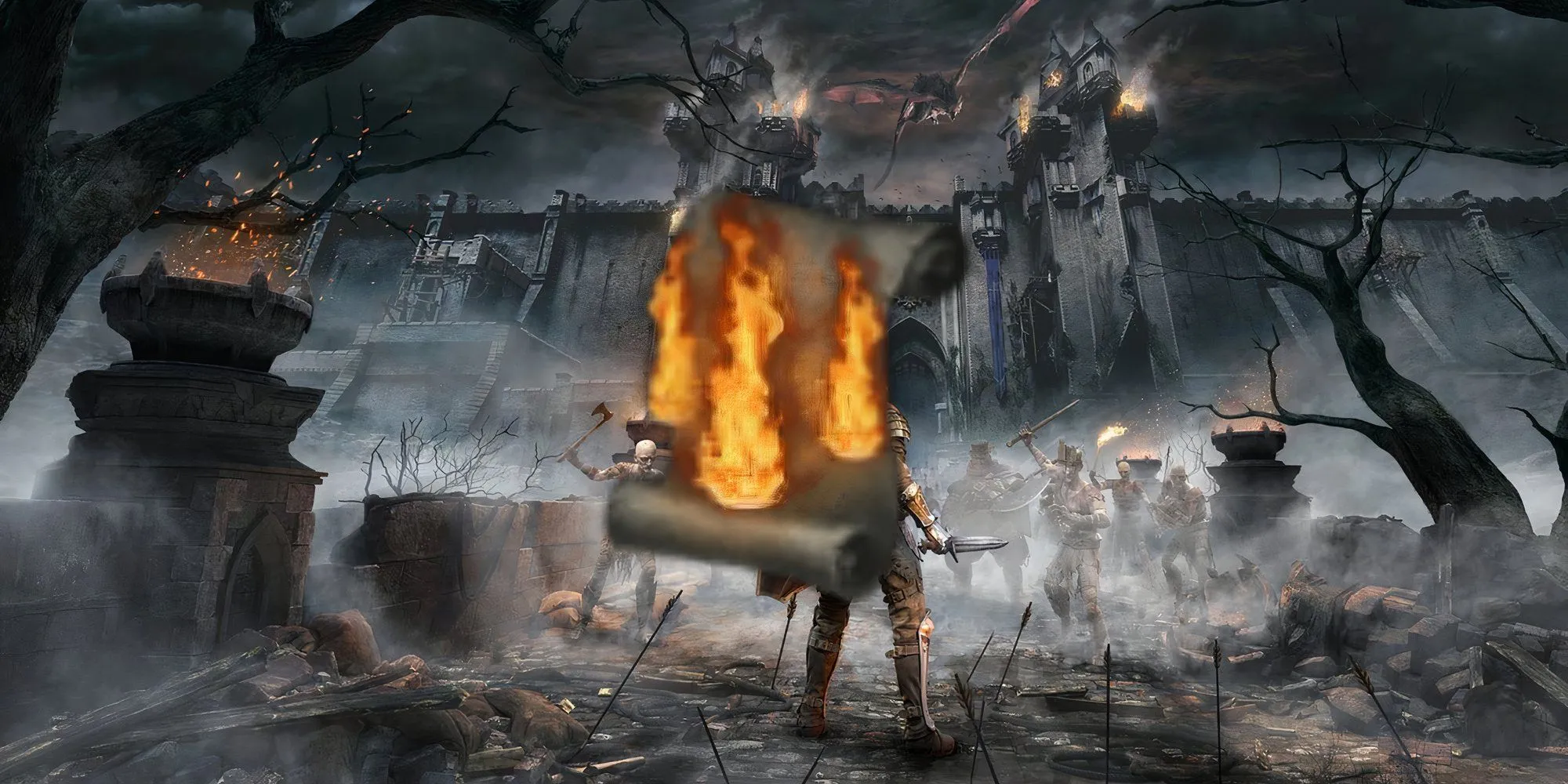 Phép thuật Firestorm trong Demon's Souls, tạo ra những cột lửa khổng lồ phun trào xung quanh người chơi