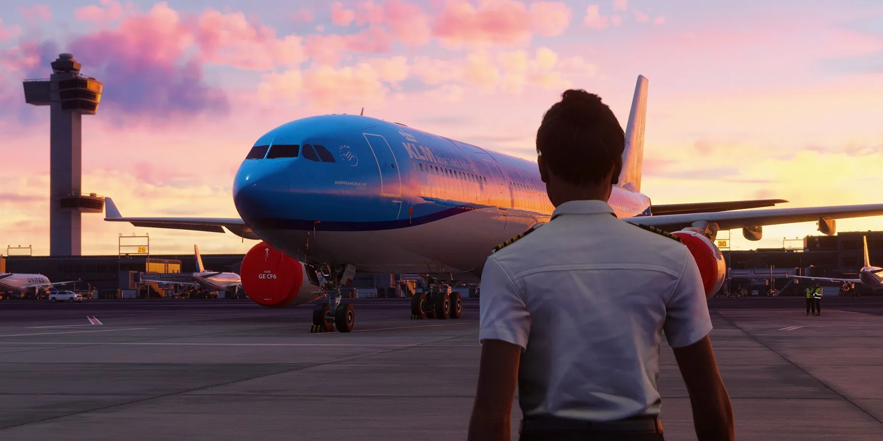 Phi công trong Microsoft Flight Simulator 2024 đang nhìn máy bay tại sân bay