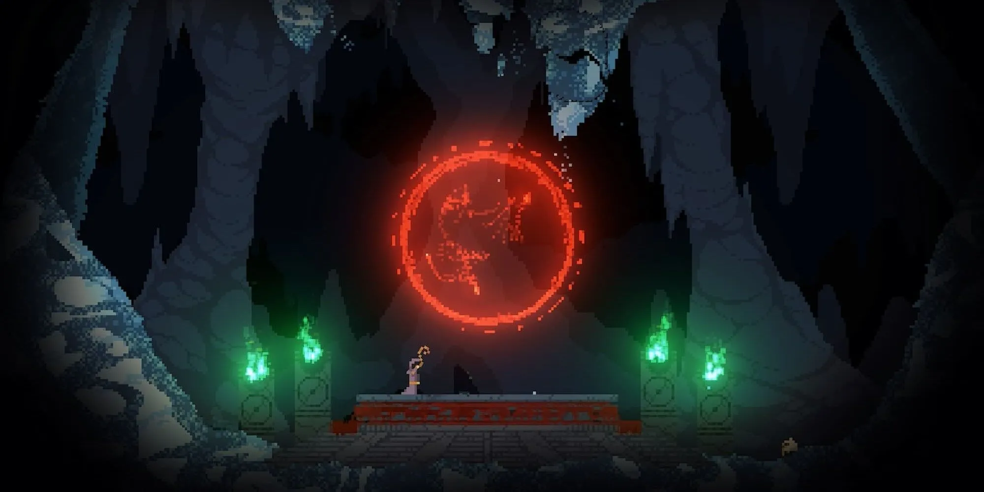 Phù thủy sử dụng phép thuật hủy diệt trong game roguelike Noita
