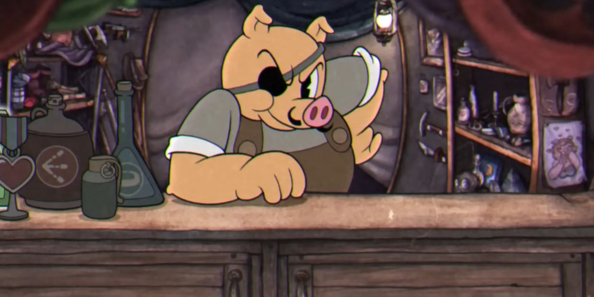 Porkrind từ Cuphead đứng trong cửa hàng Emporium của mình