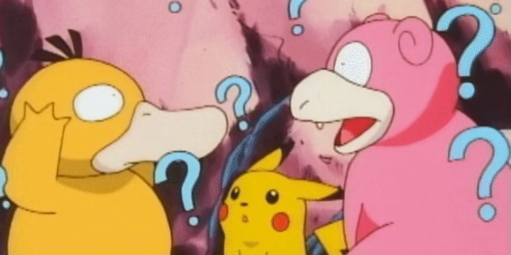Psyduck và Slowpoke bối rối trước sự chứng kiến của Pikachu trong Pokemon