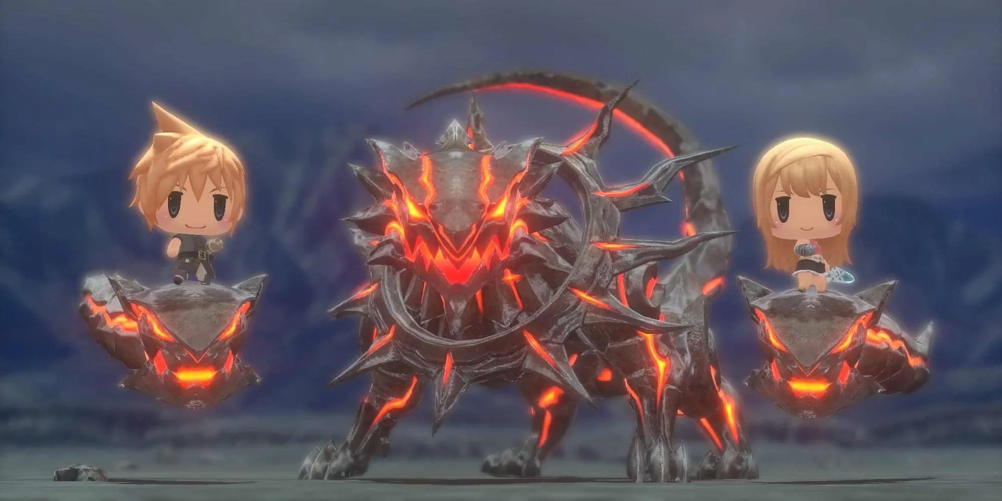 Quái vật cùng hai nhân vật chibi trong game World of Final Fantasy