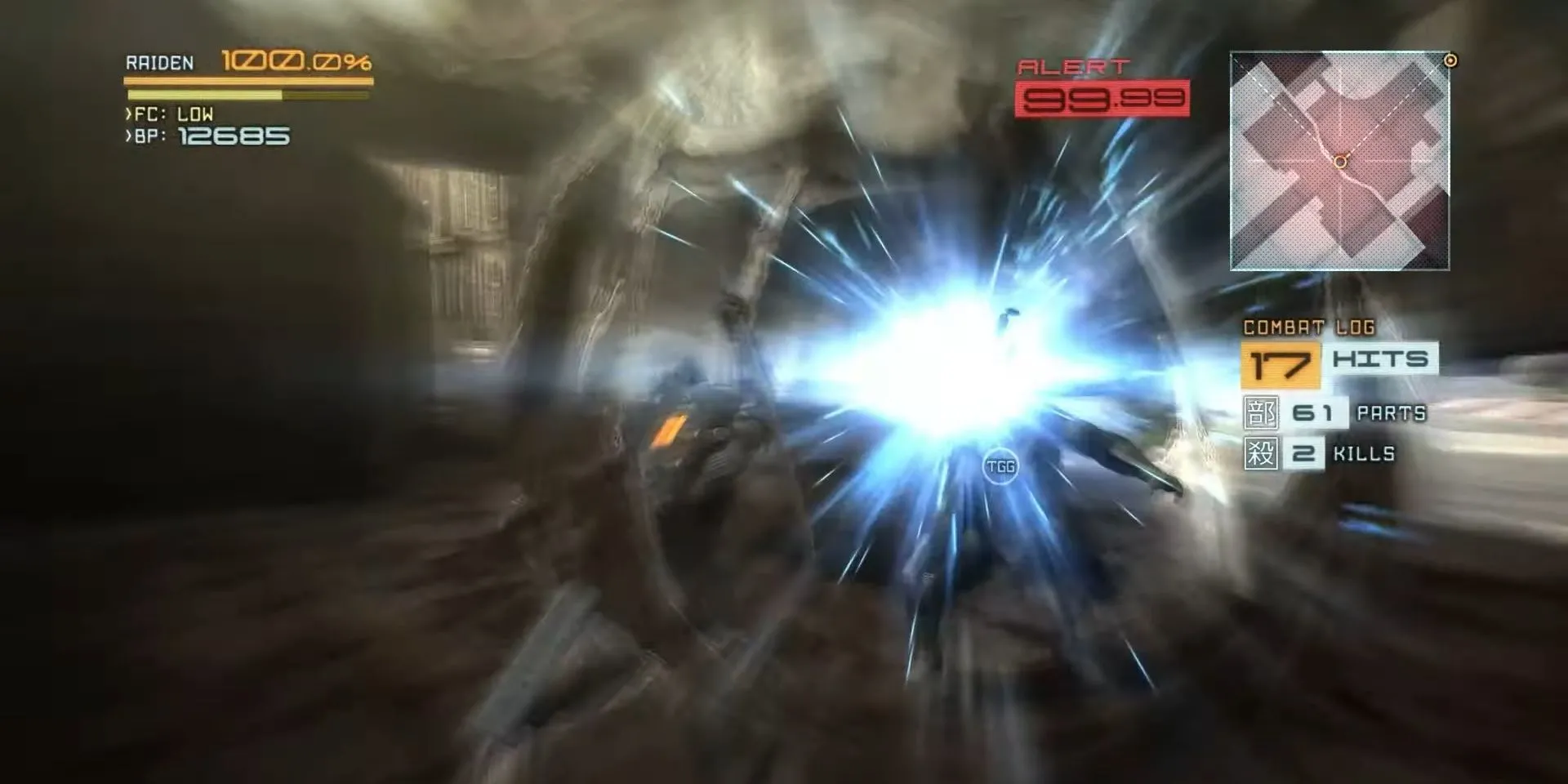 Raiden dùng kiếm parry đòn tấn công của kẻ địch trong Metal Gear Rising Revengeance