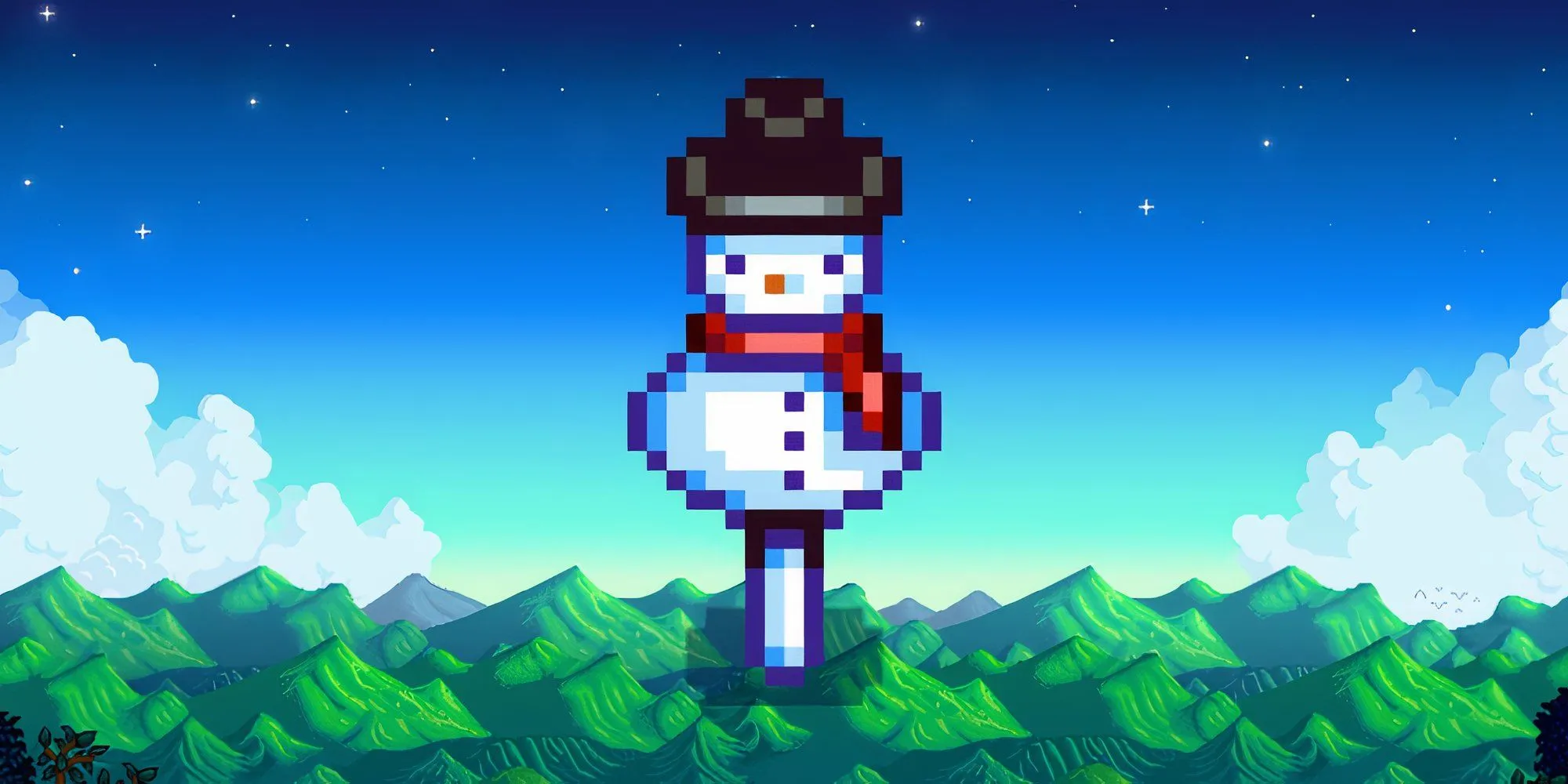 Rarecrow số 4 hình người tuyết, có thể mua ở Lễ hội Băng hoặc thương nhân du lịch Stardew Valley
