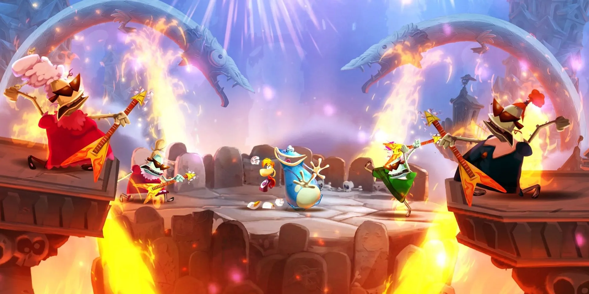 Rayman và đồng đội ăn mừng cuối màn chơi âm nhạc Grannies World Tour trong Rayman Legends