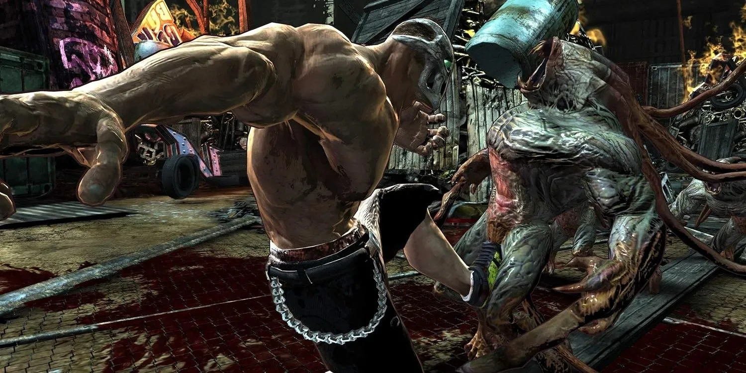 Rick tung cú đá vào kẻ thù trong một cảnh chiến đấu đẫm máu của Splatterhouse 2010