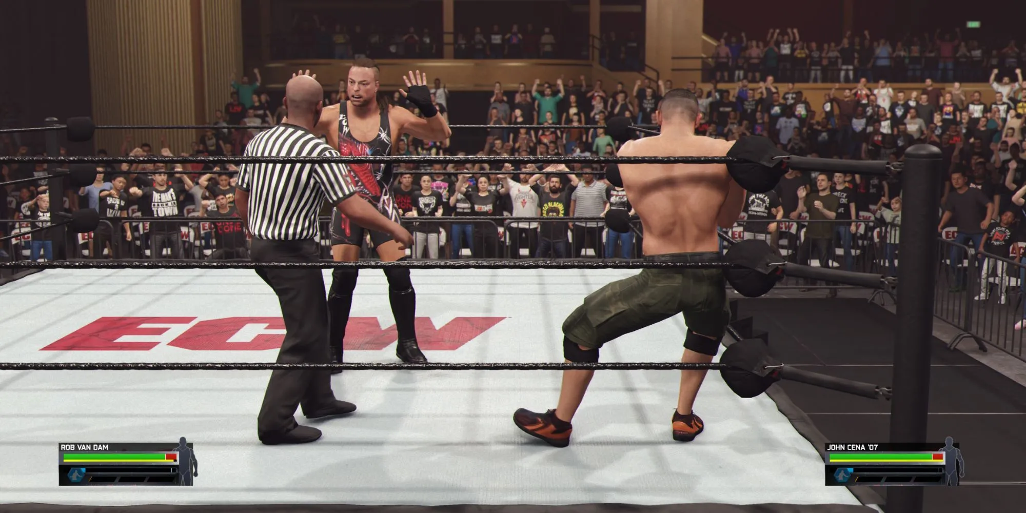 RVD chuẩn bị tung đòn cheap shot sau khi thắng chain wrestling WWE 2K25