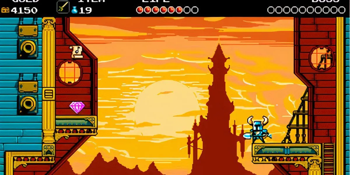 Shovel Knight nhìn ra cảnh lâu đài đổ bóng