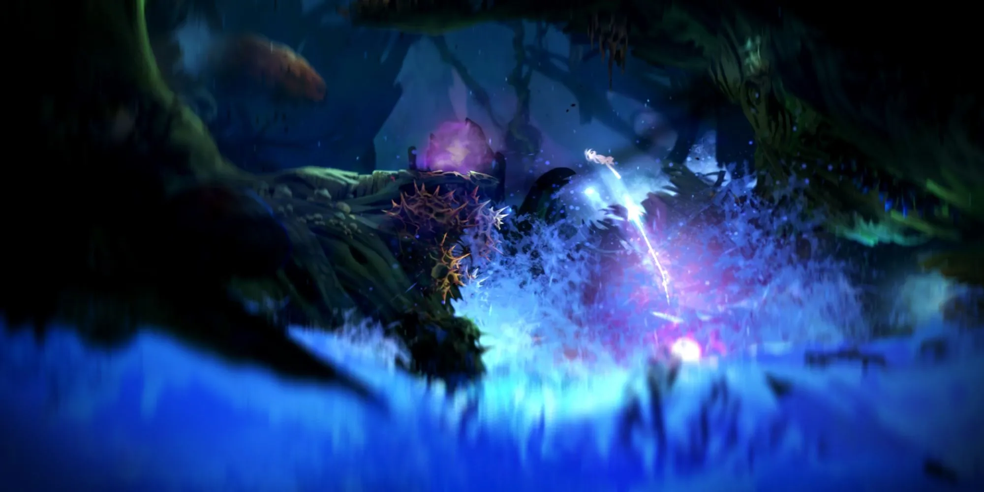 Sinh vật Ori bé nhỏ phát sáng đứng giữa khu rừng Nibel huyền ảo trong Ori and the Blind Forest