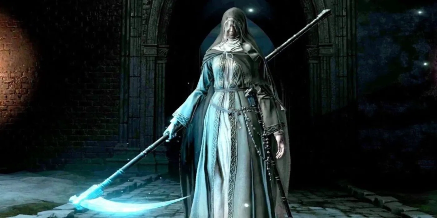 Sister Friede với cây Lưỡi Hái Lớn trong Dark Souls 3: Ashes of Ariandel