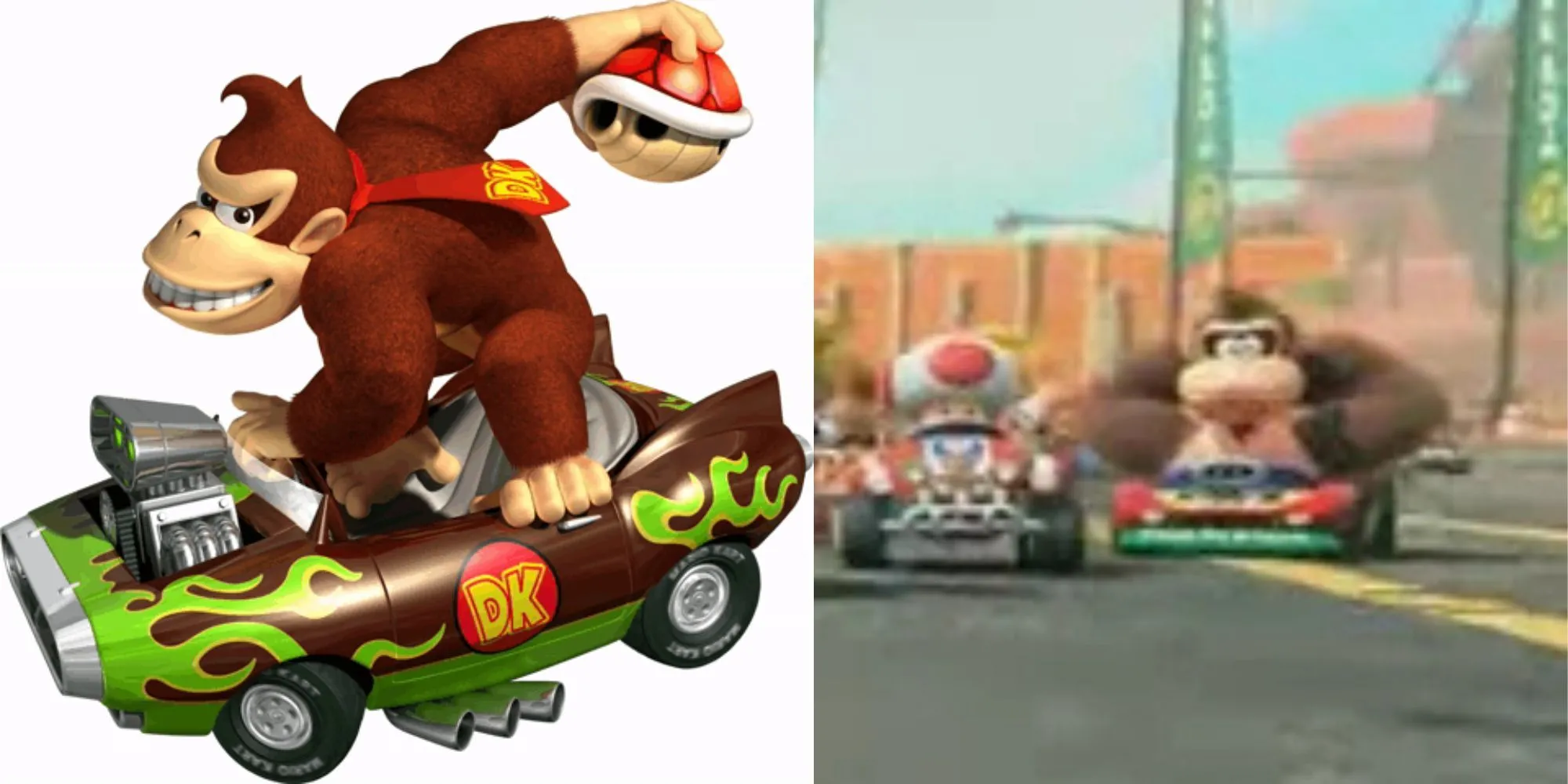 So sánh thiết kế Donkey Kong trong Mario Kart Wii và Mario Kart (phiên bản mới), thể hiện sự thay đổi diện mạo nhân vật
