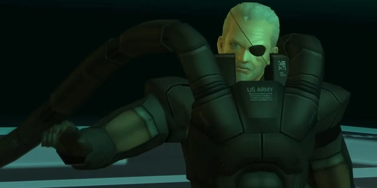 Solidus Snake, tổng thống Hoa Kỳ và là trùm cuối trong Metal Gear Solid 2, với bộ giáp chiến đấu và hai thanh kiếm năng lượng