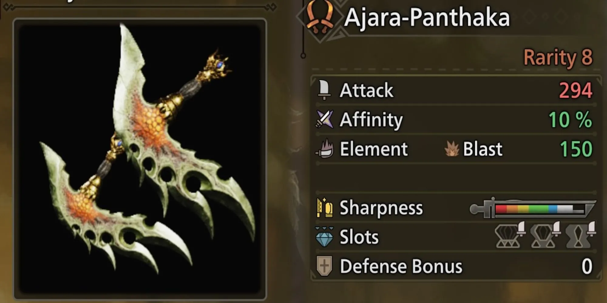 Song Kiếm Ajara-Panthaka với thiết kế mạnh mẽ, lấy cảm hứng từ quái vật Ajarakan trong Monster Hunter Wilds.
