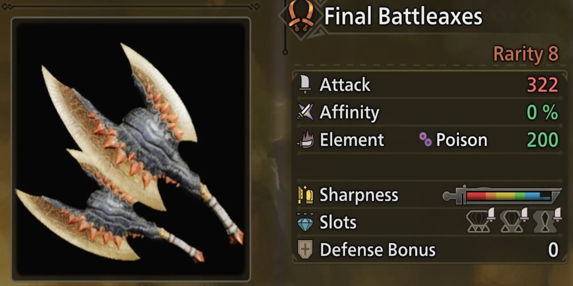 Song Kiếm Final Battleaxes có hình dạng giống rìu chiến, chế tạo từ Gypceros trong Monster Hunter Wilds.