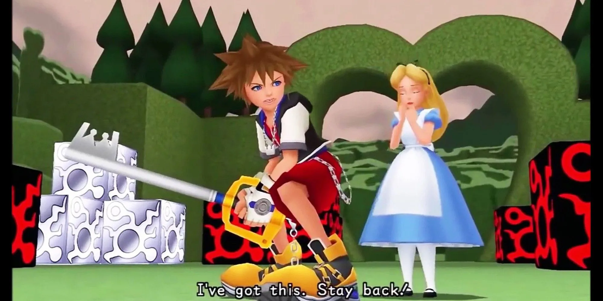 Sora bảo vệ Alice tại thế giới Wonderland trong Kingdom Hearts 1