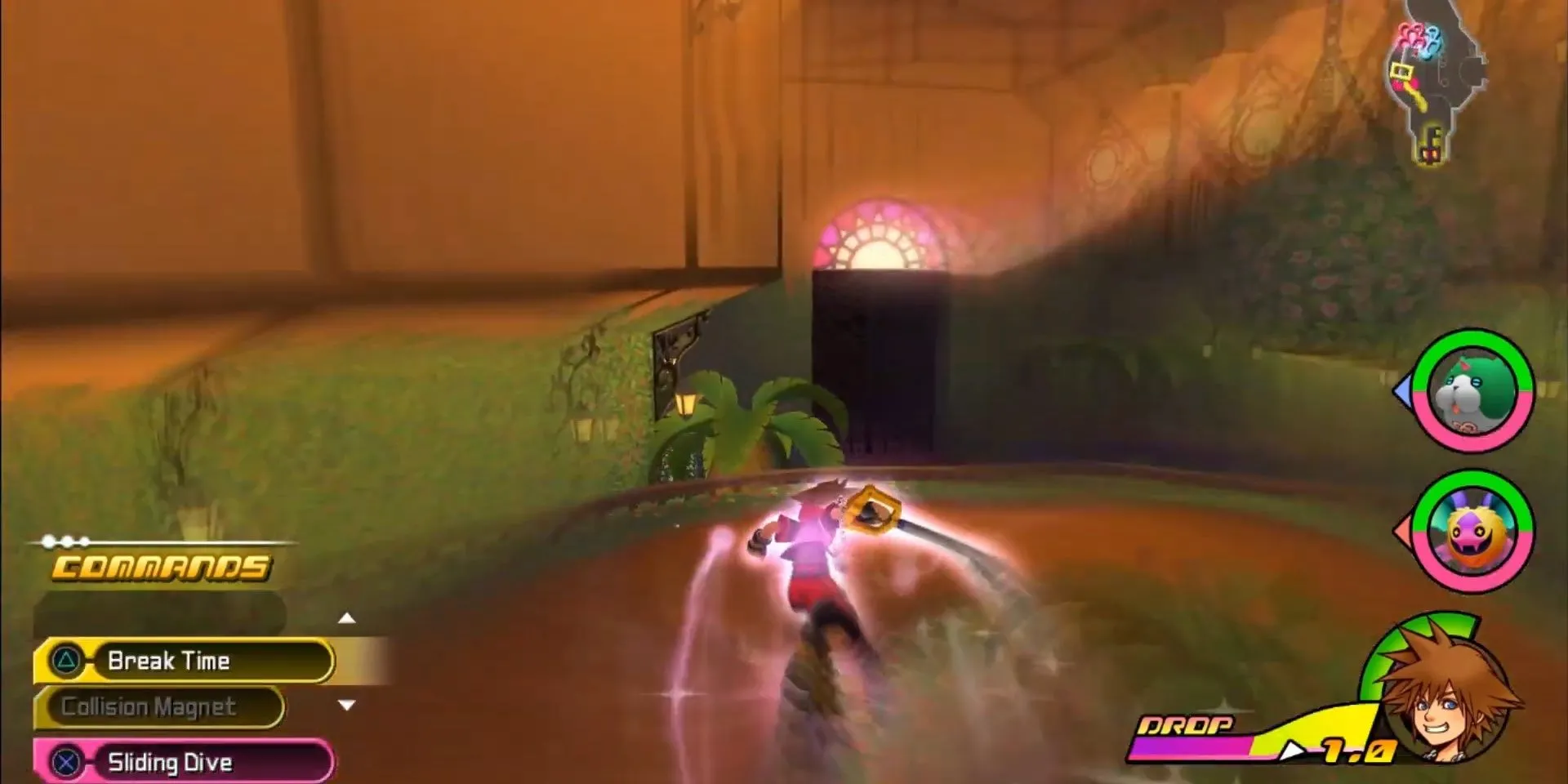 Sora trượt điêu luyện trên một thanh ray bằng Flowmotion trong Kingdom Hearts 3D