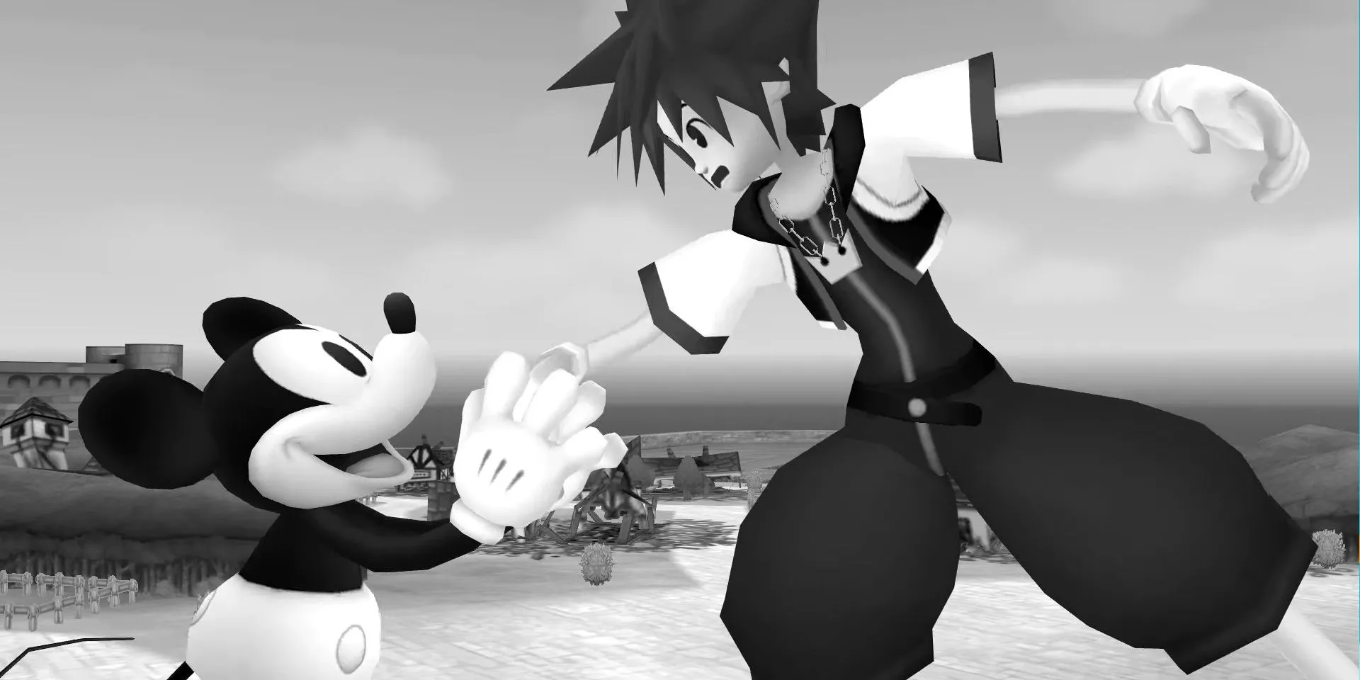 Sora và chuột Mickey trong thế giới Timeless River của Kingdom Hearts 2, tựa game JRPG hành động nổi tiếng trên PS2