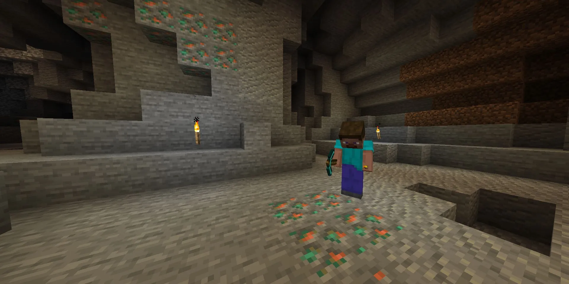 Steve đang khai thác một mỏ quặng Đồng lớn trong Minecraft