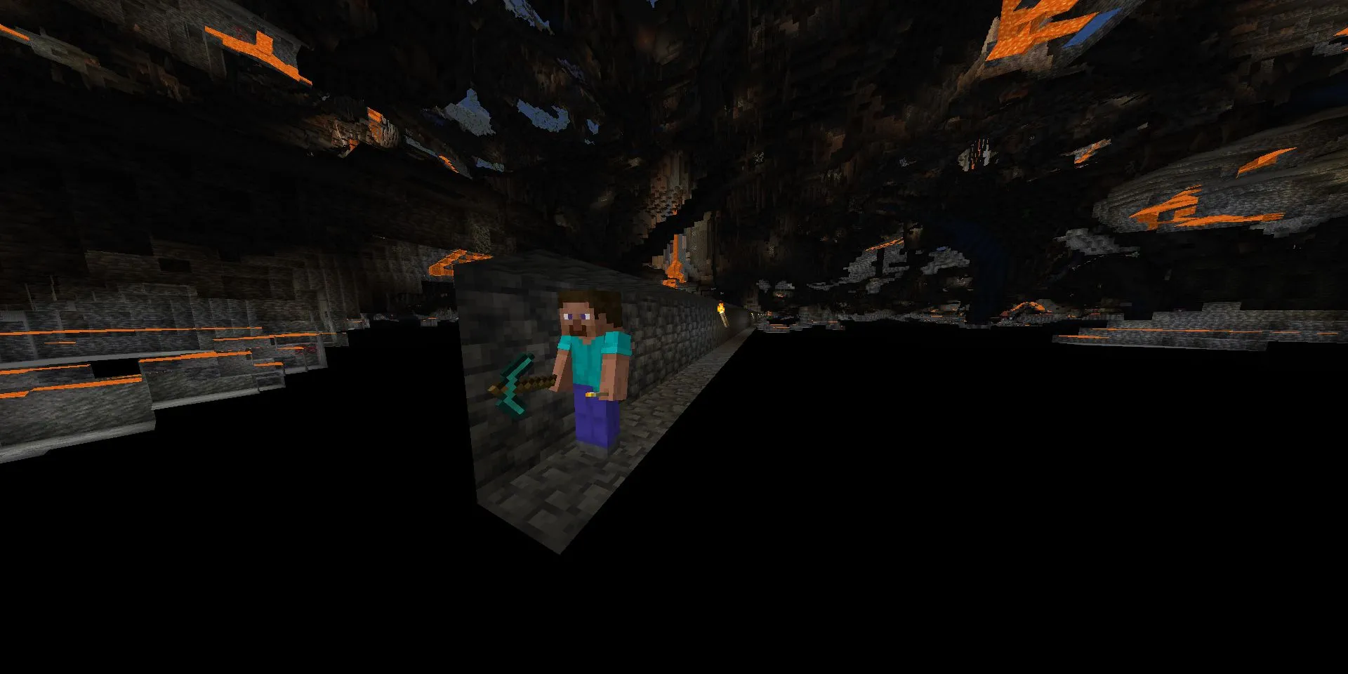 Steve đang phải cày cuốc vất vả trong lớp Deepslate tối tăm để tìm khoáng sản Minecraft