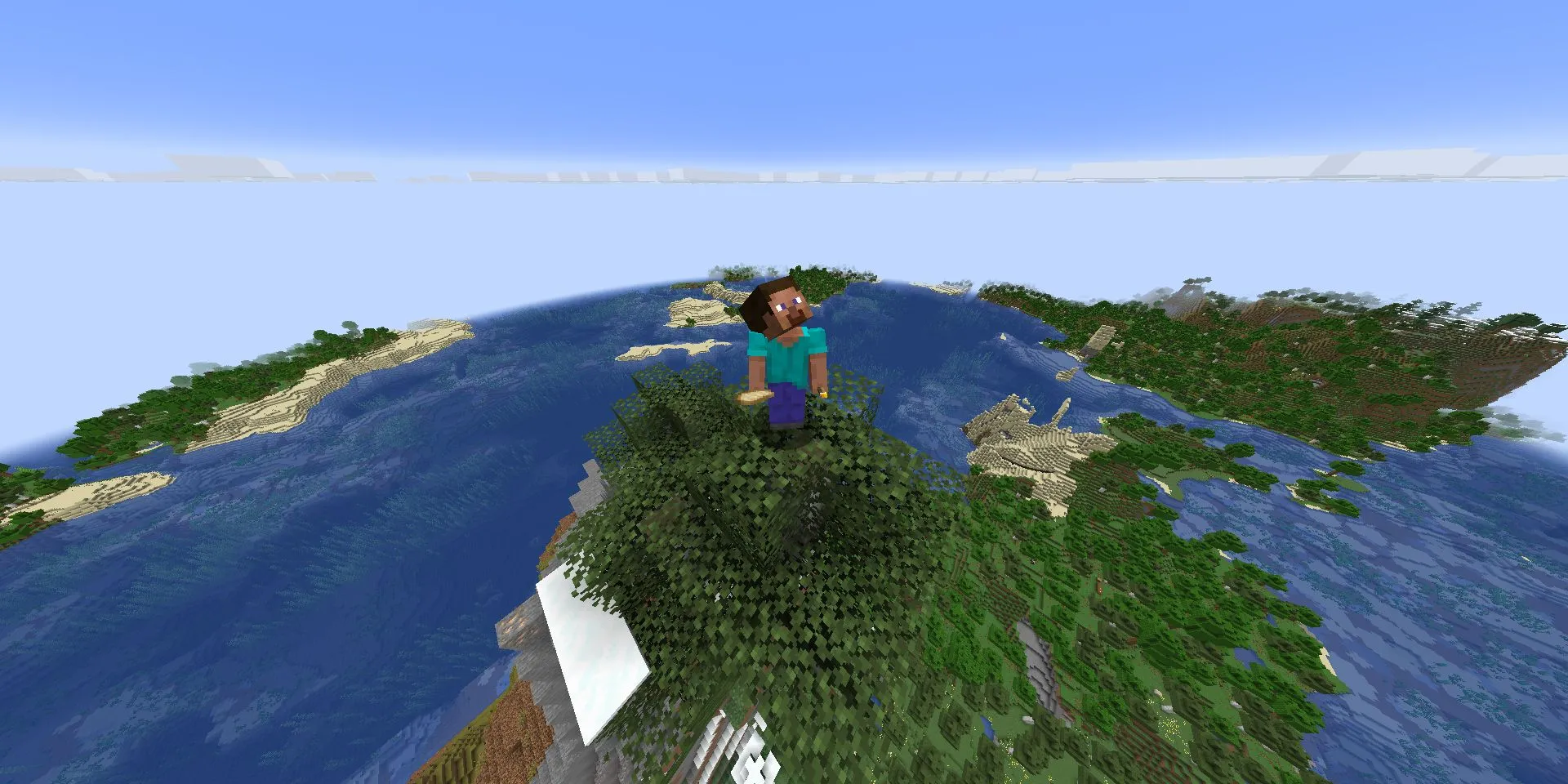 Steve đứng trên cây ở một ngọn núi cao hùng vĩ trong thế giới Minecraft mới