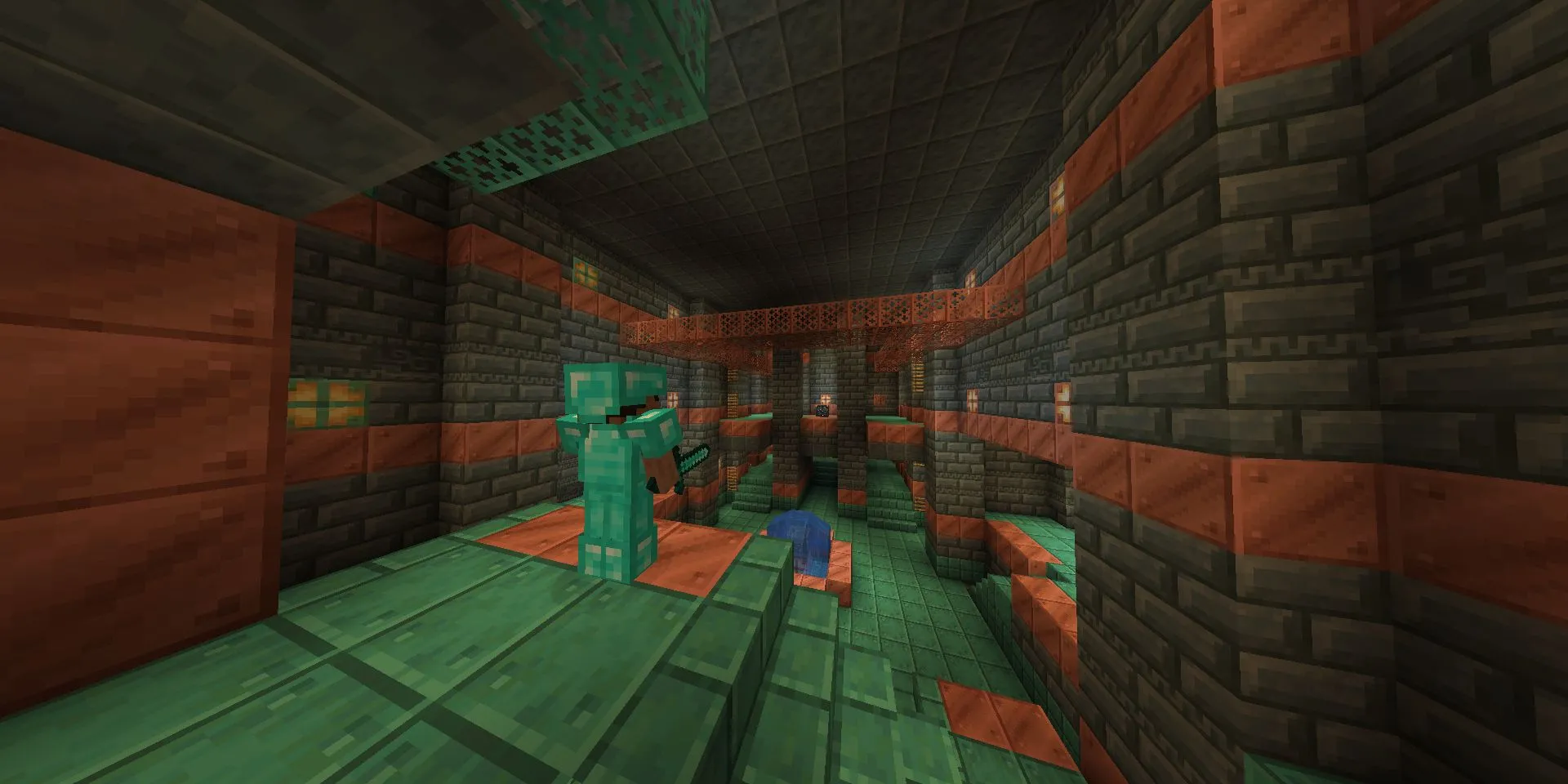 Steve mặc full giáp Kim Cương khám phá Trial Chamber, một nội dung mới trong Minecraft