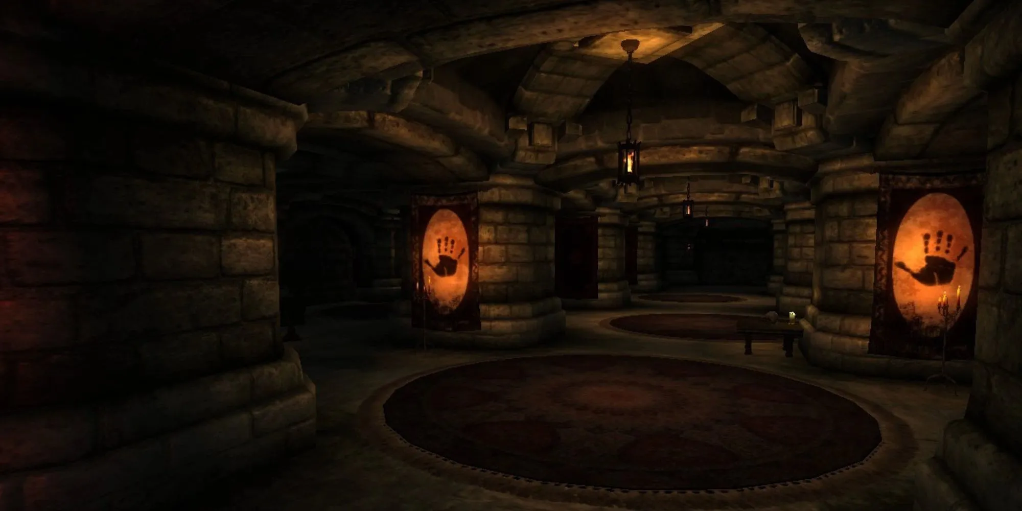 Thánh địa Cheydinhal hoang tàn sau cuộc thanh trừng của Dark Brotherhood trong Oblivion.