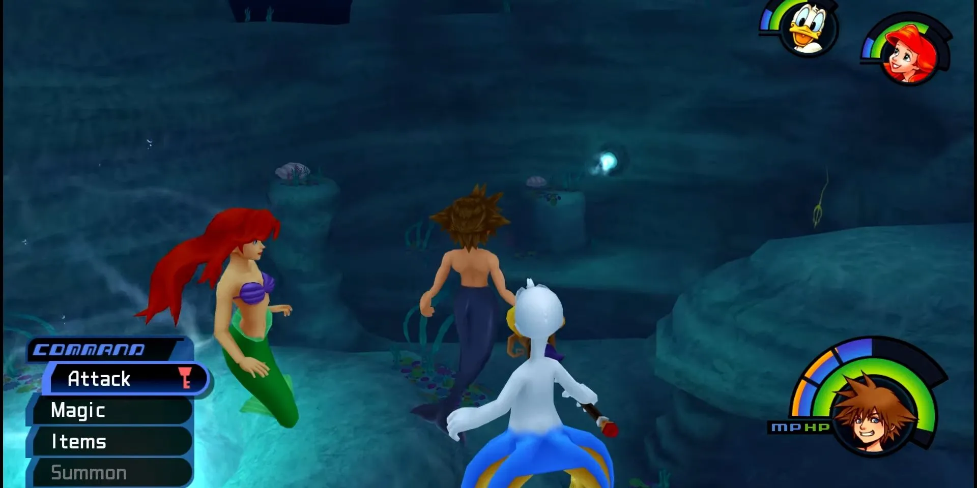 Thế giới Atlantica KH1 với Sora, Donald và Ariel bơi lội