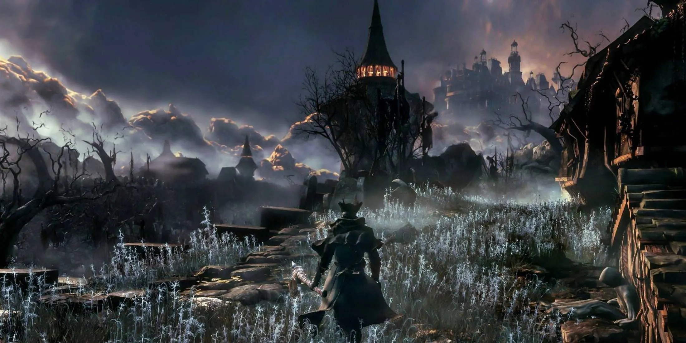 Thợ săn Bloodborne trong bộ trang phục đặc trưng đứng giữa khung cảnh gothic của Yharnam