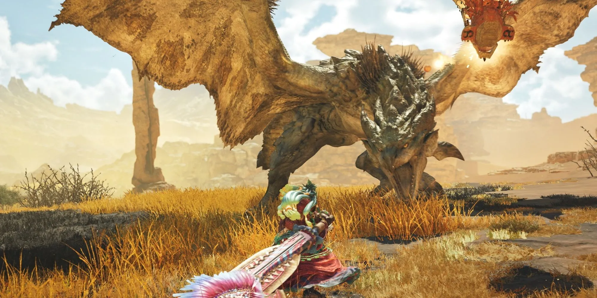 Thợ săn Monster Hunter đang chiến đấu với quái vật Rathian bằng đại kiếm trong môi trường rừng rậm