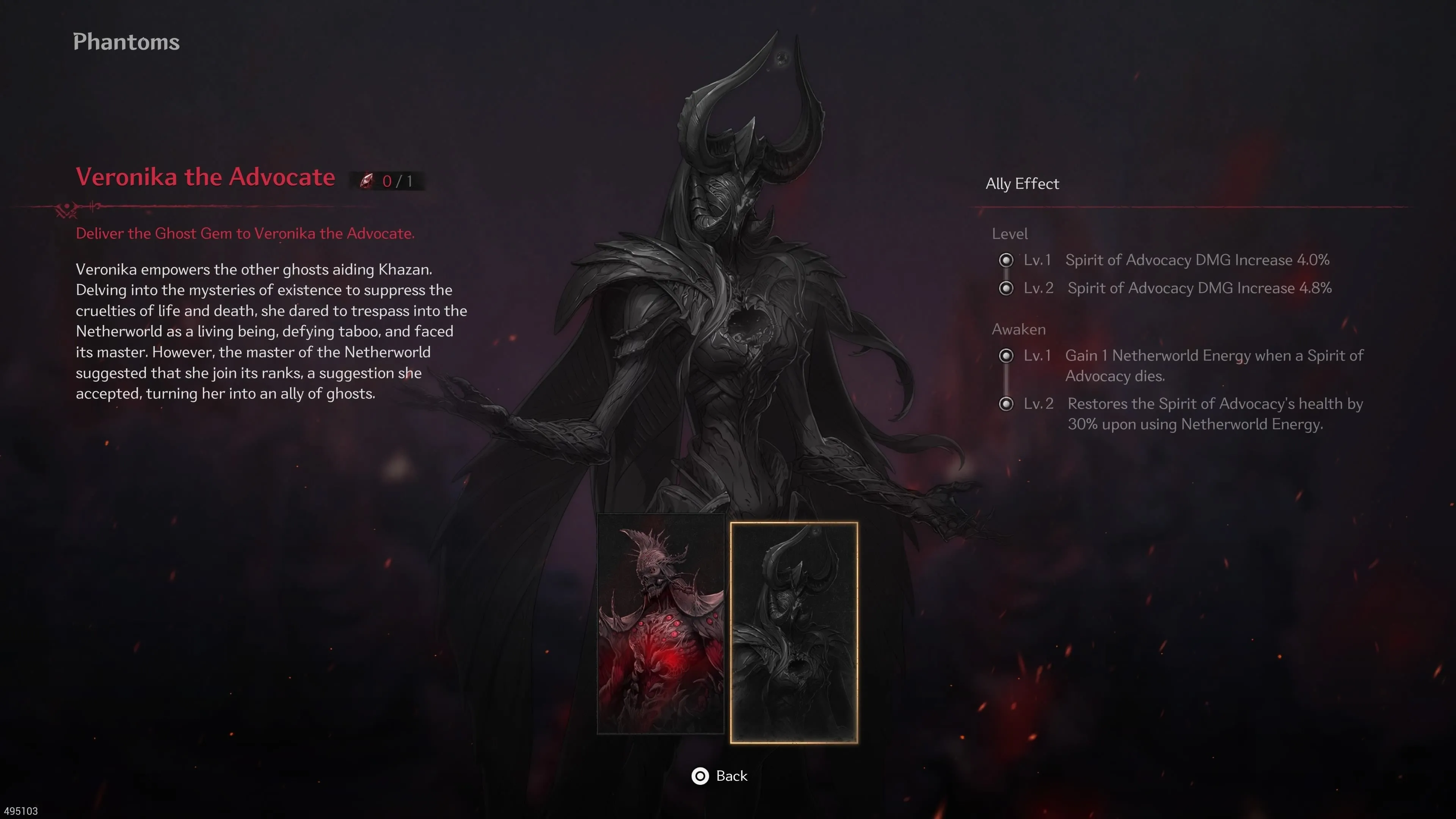Thông tin về Phantom Veronika the Advocate trong menu Phantom Abilities.
