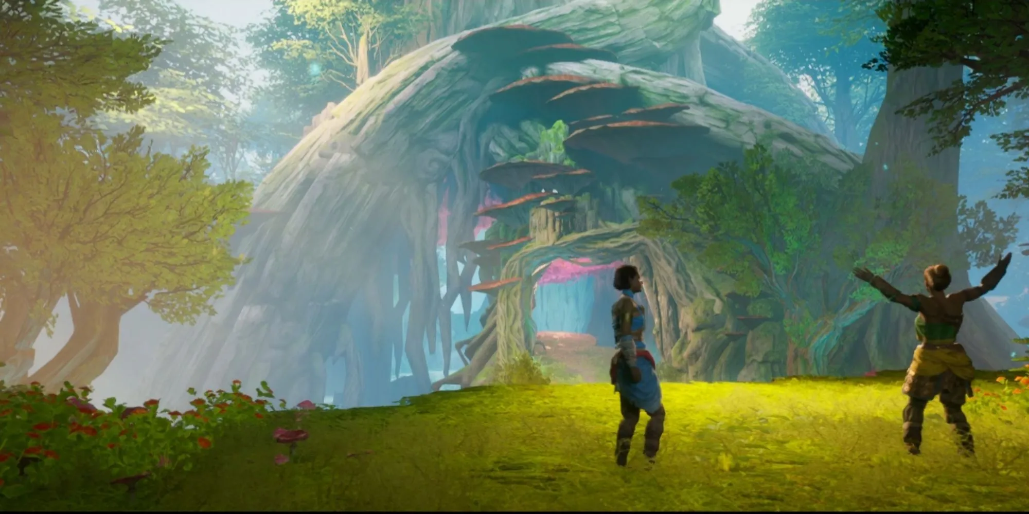 Tiên-Zoe bay từ một bông hoa và Rái-Mio bơi dưới nước để qua màn trong Split Fiction