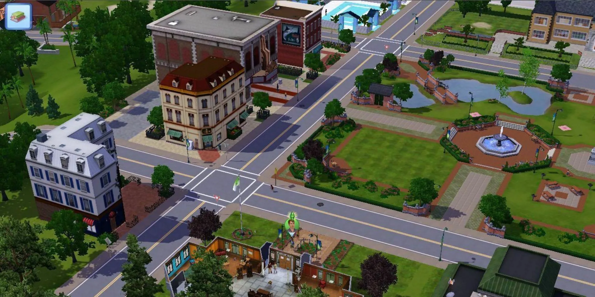 Toàn cảnh một khu phố trong game The Sims 3 với nhiều công trình và nhân vật Sim