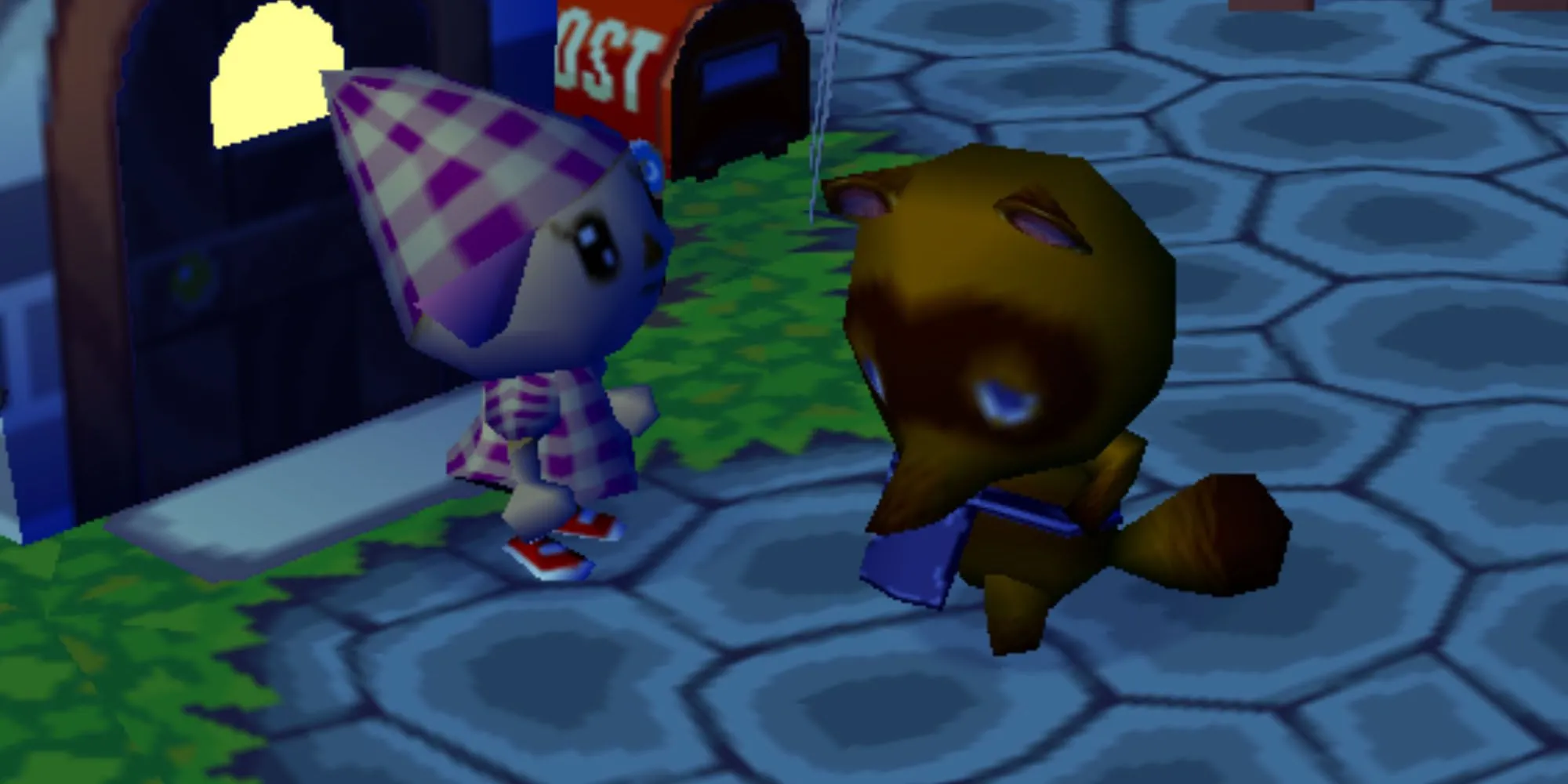 Tom Nook từ Animal Crossing đứng trước cửa hàng của mình