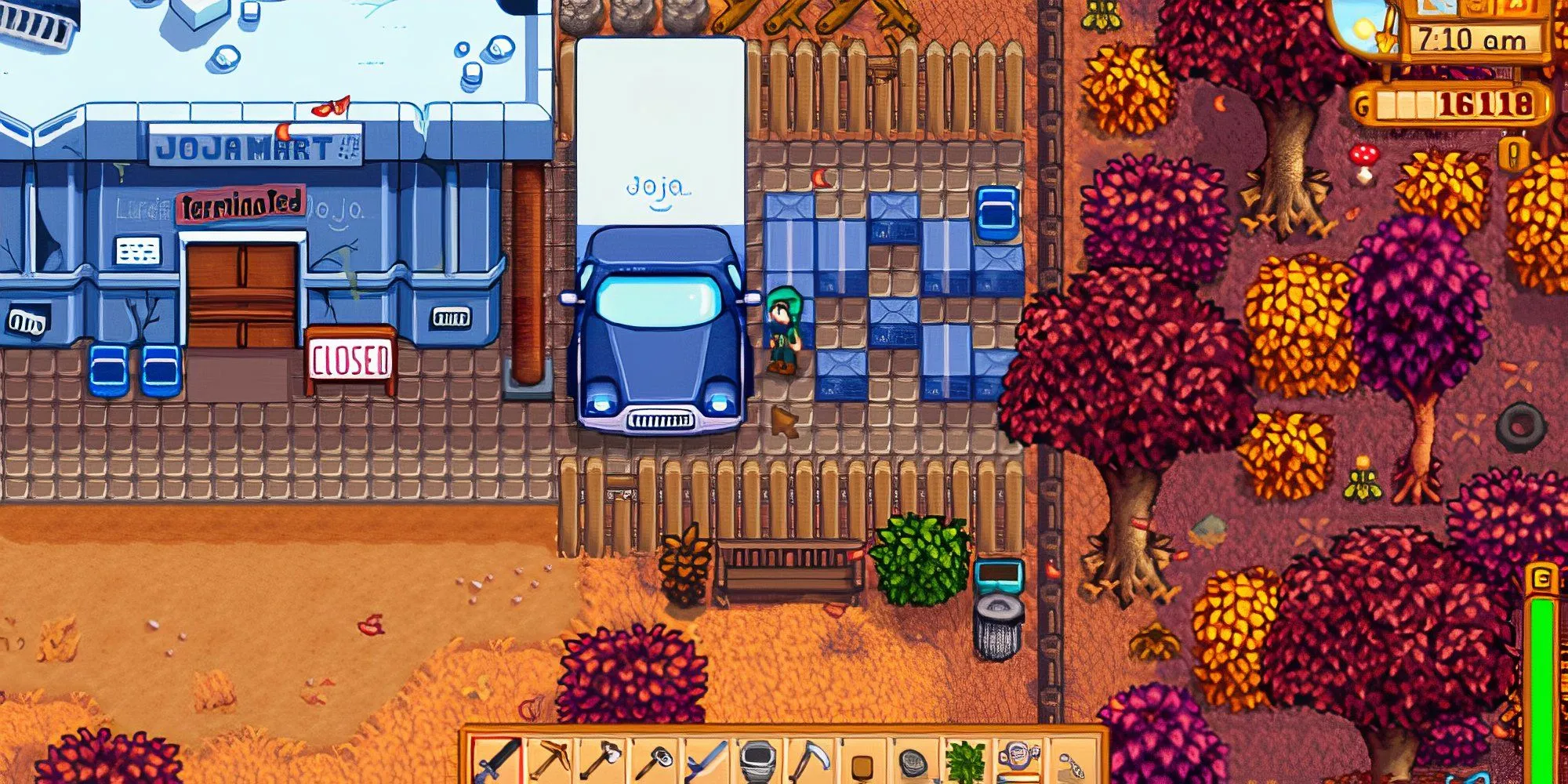 Trụ sở tập đoàn Joja Co. xâm lấn Pelican Town trong Stardew Valley