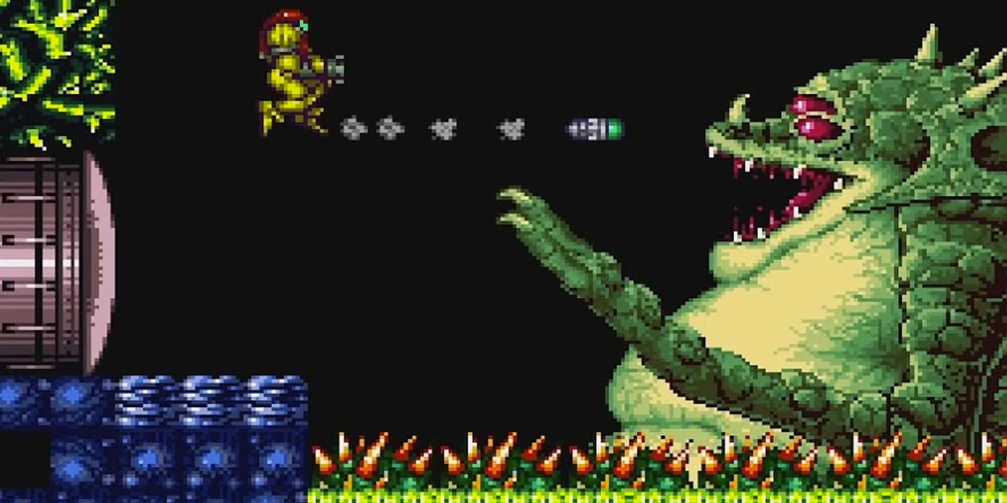 Trùm Kraid khổng lồ trong Super Metroid chiếm trọn màn hình