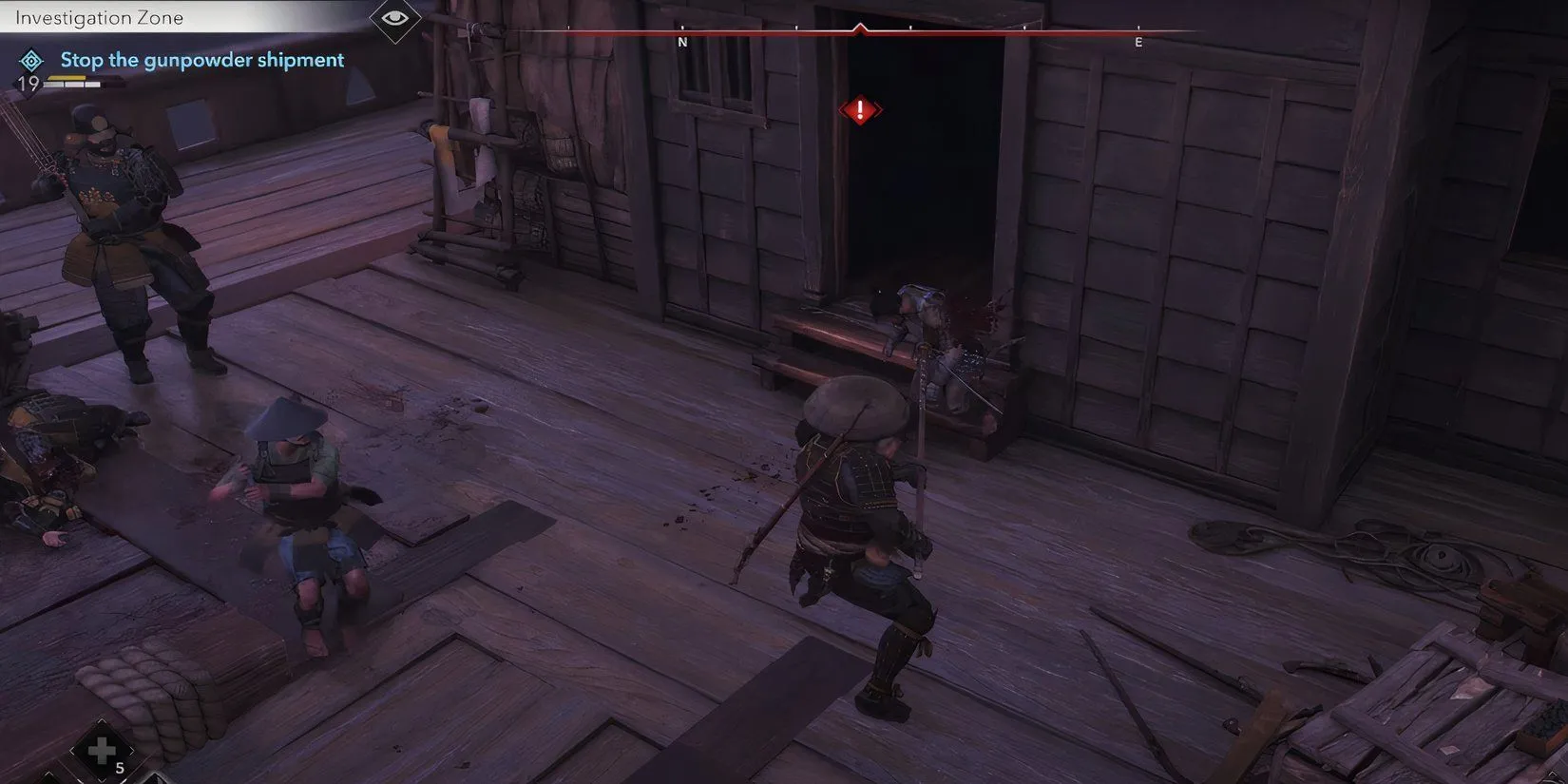 Yasuke chiến đấu với lính gác trên tàu trong Assassin's Creed Shadows