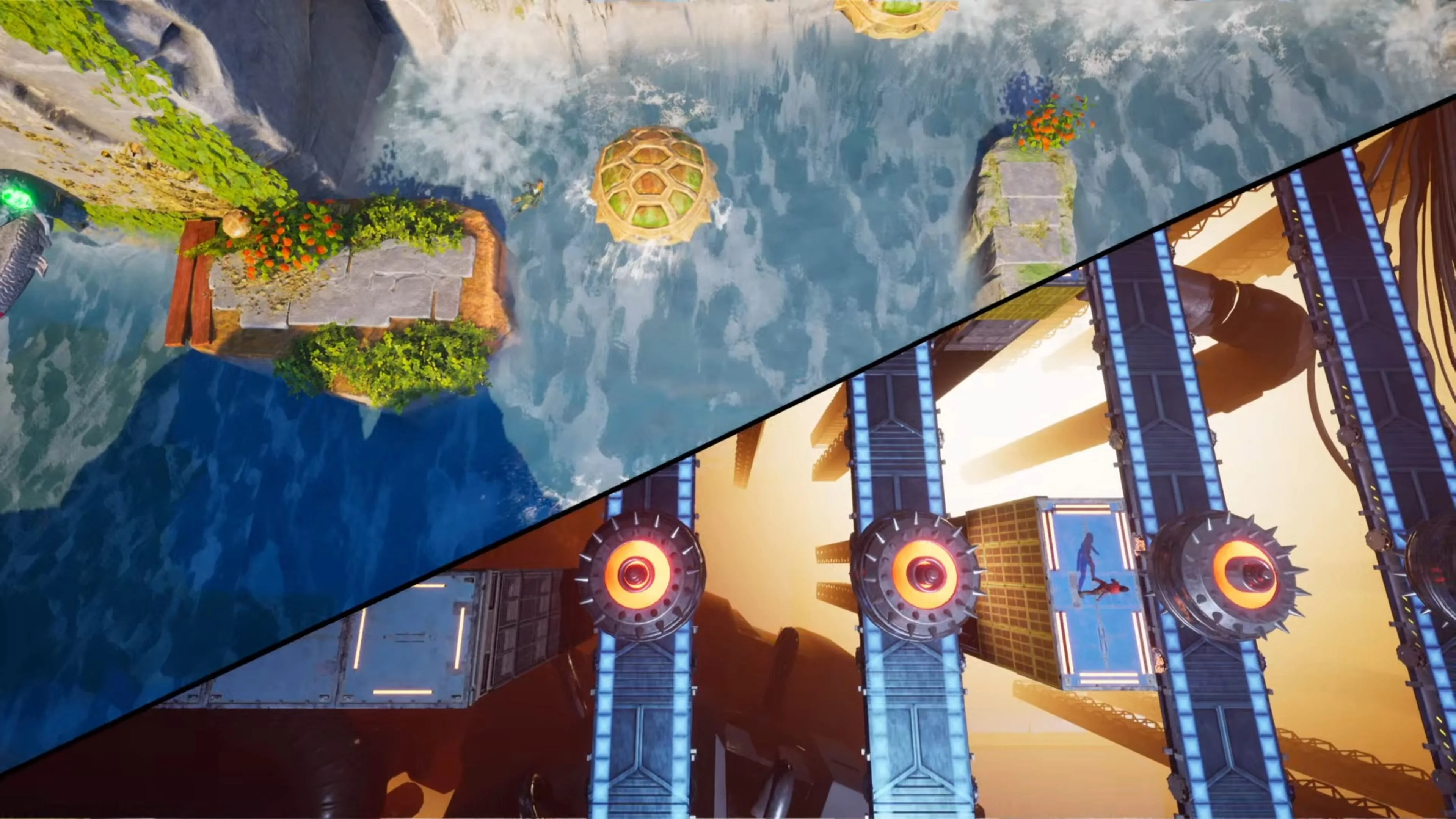 Zoe nhảy trên mai rùa, Mio né bom trên băng chuyền trong màn chơi Worlds Apart của Split Fiction