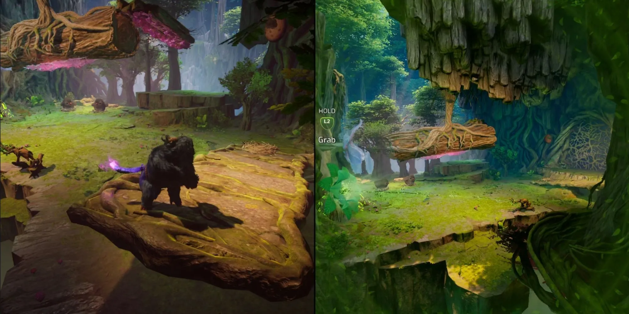 Zoe và Mio giải đố với chim non, bập bênh và thân cây trong Split Fiction Hopes of Spring