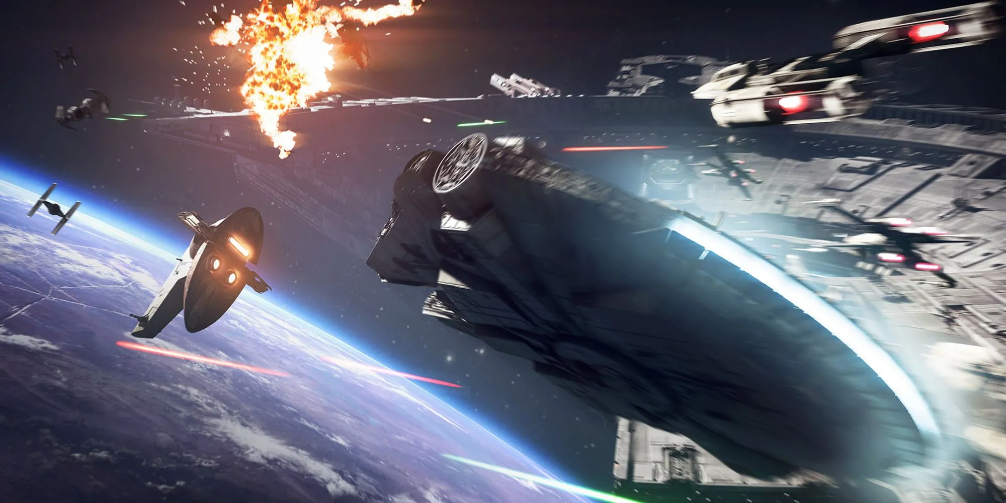 Cảnh chiến đấu trong không gian với Millennium Falcon từ game Star Wars: Battlefront 2.