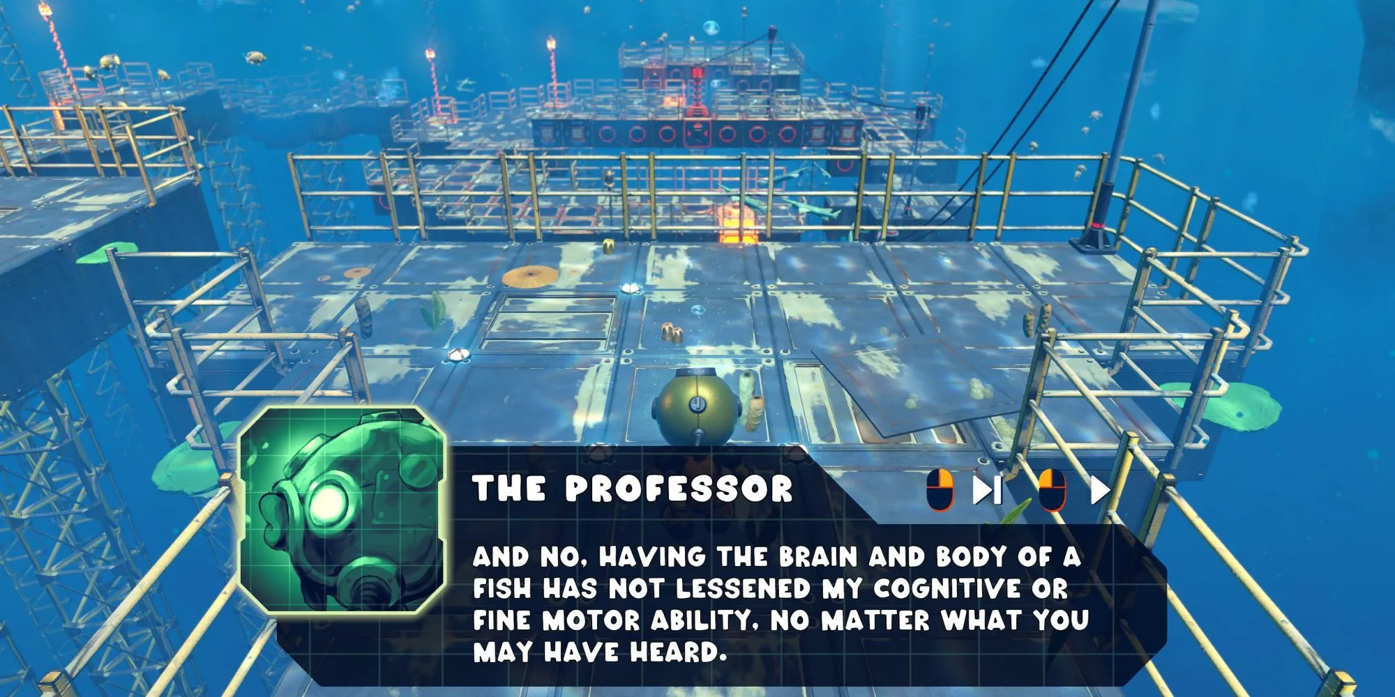 Đoạn hội thoại với nhân vật Professor cá trong game Power Sink, thể hiện yếu tố cốt truyện và hài hước.