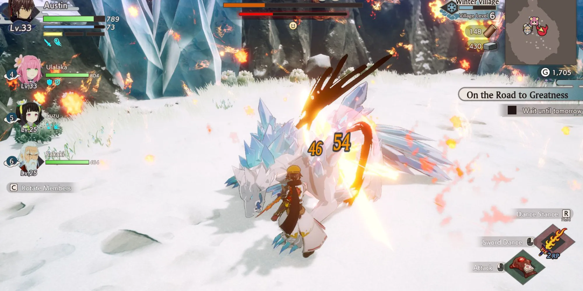 Gameplay chiến đấu sôi động khi đối đầu boss Sói Trắng trong Rune Factory Guardians of Azuma