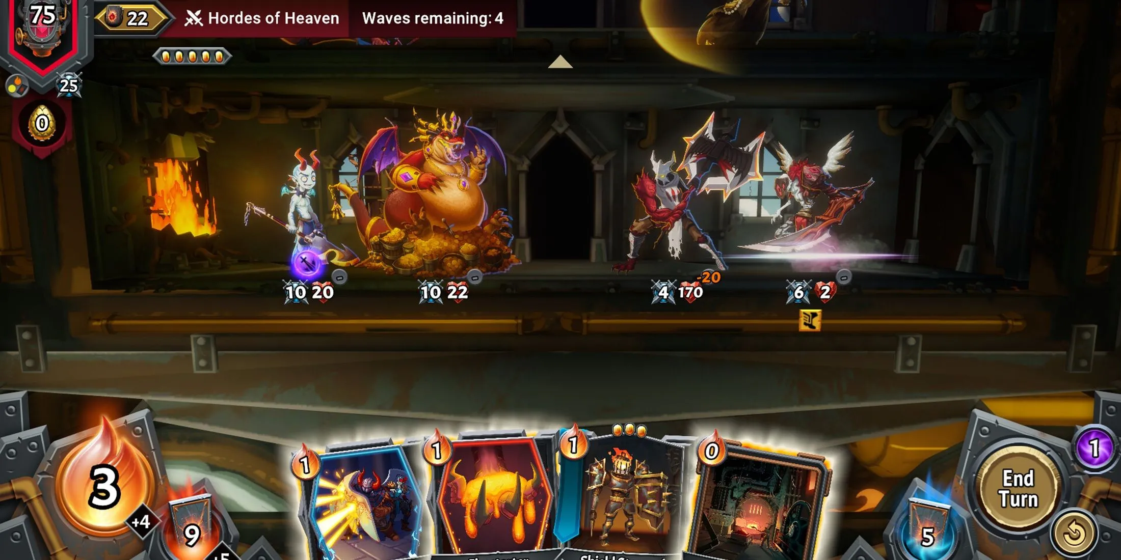 Giao diện chiến đấu trong Monster Train 2 với các đơn vị trên tàu