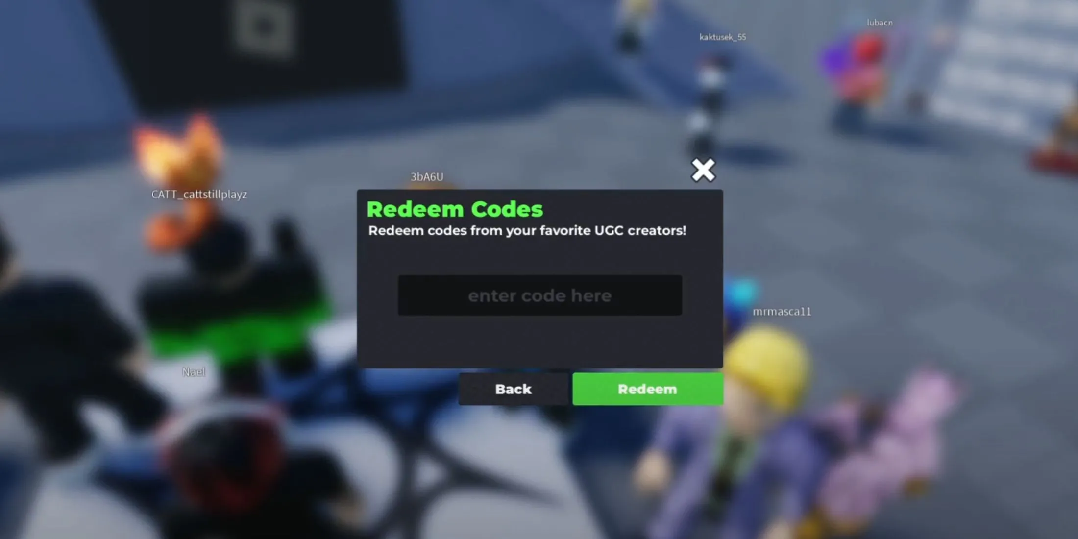 Giao diện cửa sổ 'Redeem a Code' trong Flex UGC Roblox, nơi người chơi nhập mã để đổi vật phẩm