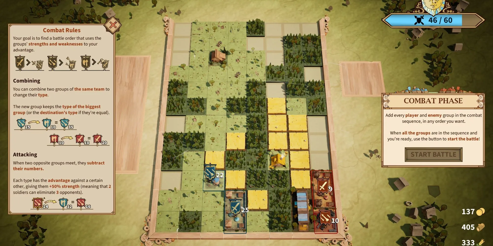 Giao diện màn hình chiến đấu trong game Drop Duchy, hiển thị đơn vị của người chơi và kẻ thù