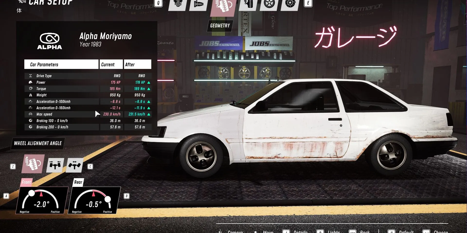 Giao diện tùy chỉnh thông số kỹ thuật xe trong JDM Japanese Drift Master