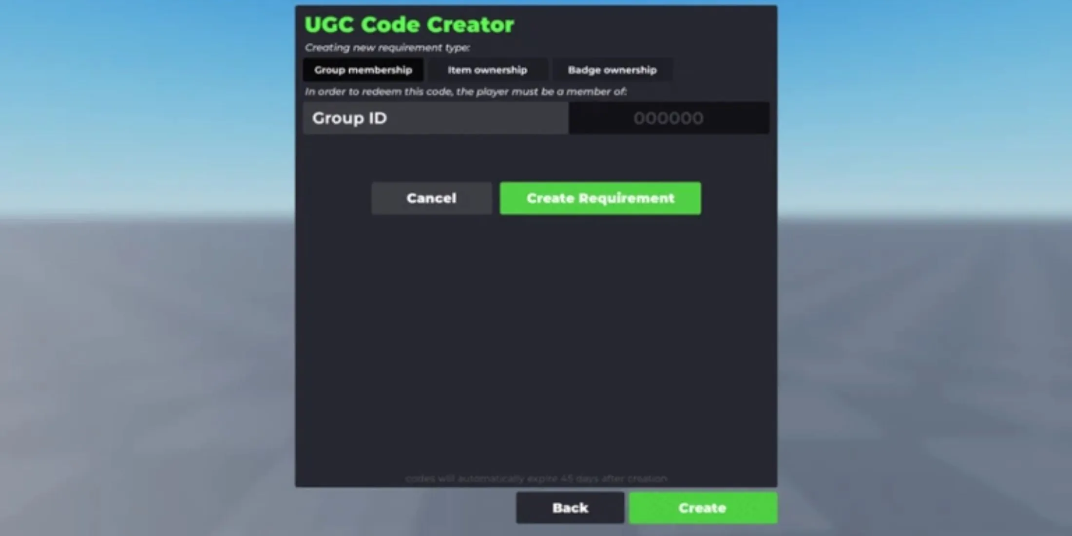 Hình ảnh minh họa giao diện trong Flex UGC Roblox, nơi nhập code để nhận vật phẩm UGC miễn phí